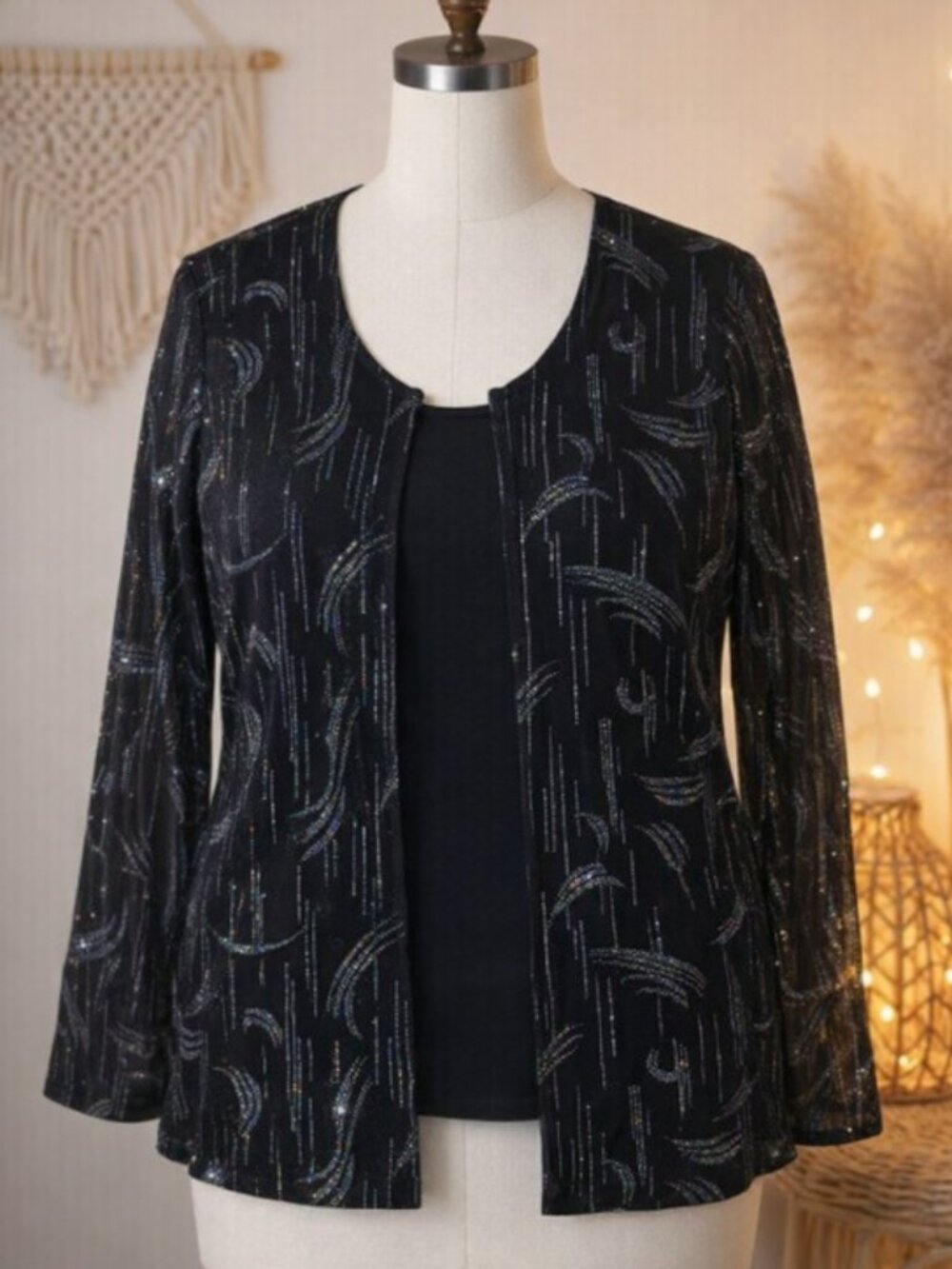 Vintage Claudia Richard Black Shimmer Top Shirt XL Whimsygoth Retro Glam Evening